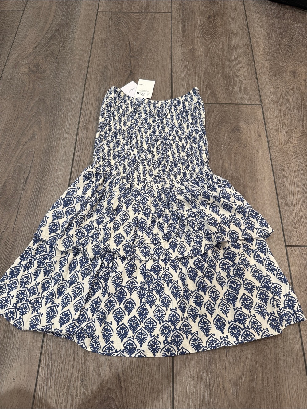 Blue and White Strapless Smocked Tiered Midi Dress
